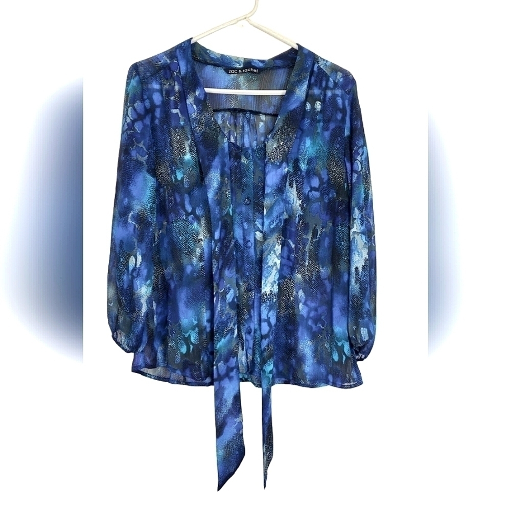 Zac & Rachel Blouse Semi Sheer Secretary Neck Tie Blue Lightweight Size Medium